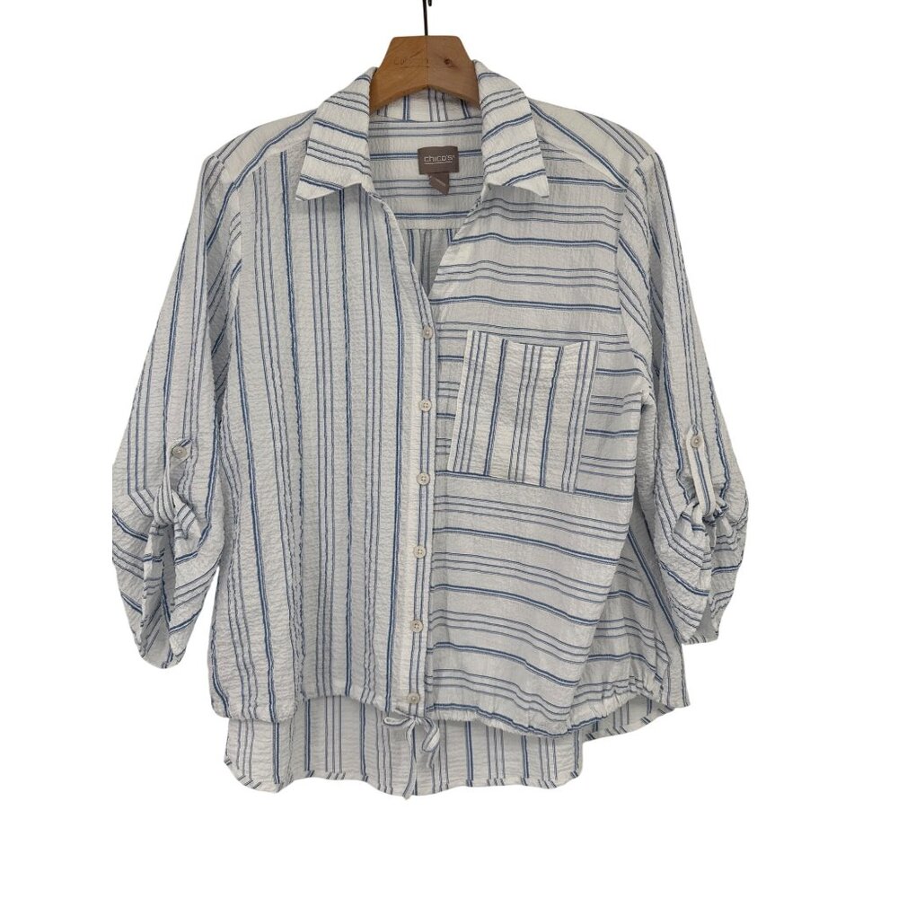 Chicos 2 Womens Striped crinkle Button-Up Shirt Size large tie front Blue White